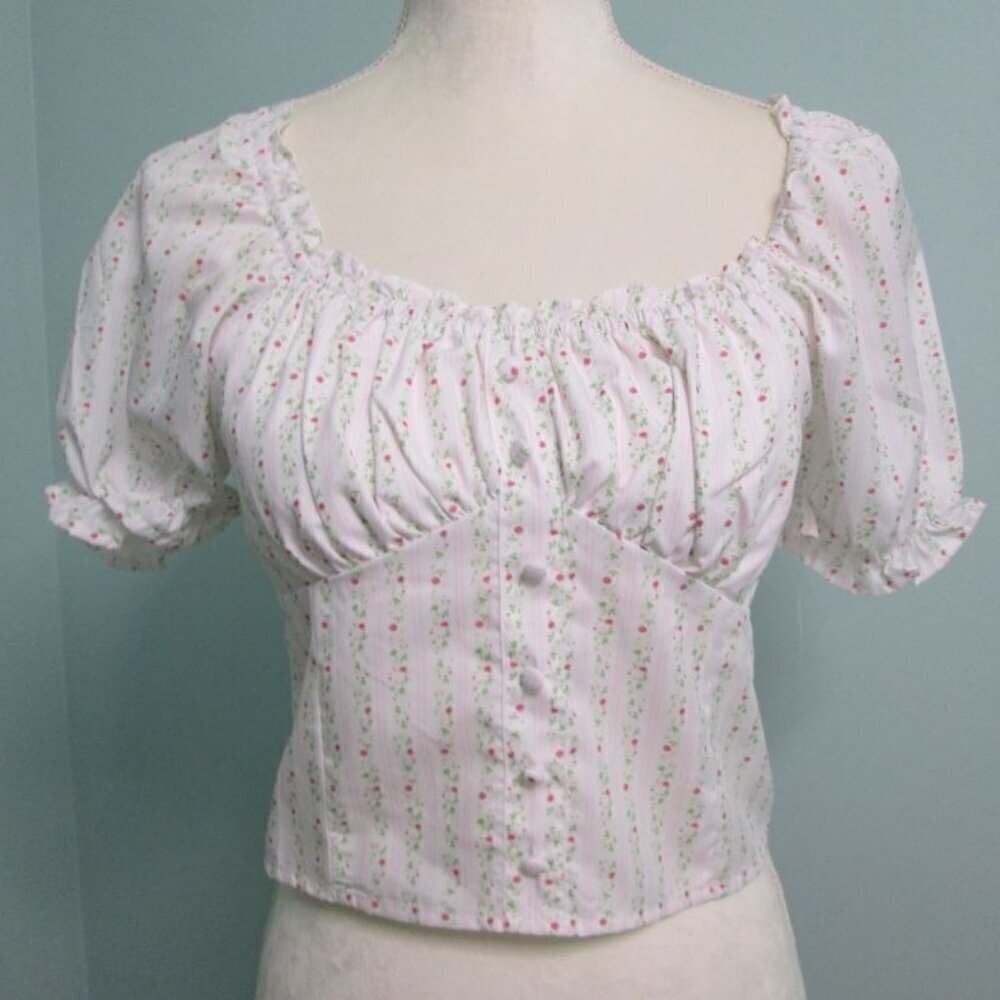 70°F/21Stripe Floral Square Neck Cottage Blouse Puff Sleeves-White/Multi-Med NWT